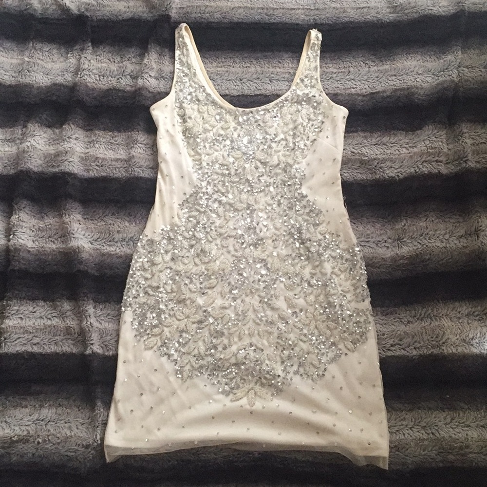 Adrianna Papell White Sheer Beaded Dress